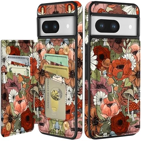 Shorogyt for Google Pixel 8A Wallet Case with Card Holder - Designer Flower Mushroom Pattern Kickstand Magnetic Clasp Back Flip Folio Leather Phone Cases for Women Men Girls for Google Pixel 8A Cover