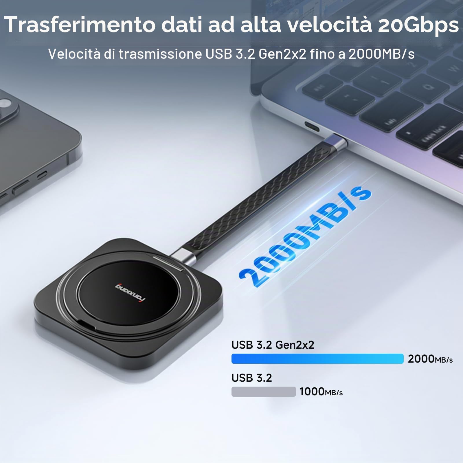 fanxiang 1TB SSD Esterna ad Alta Velocità fino a 2000 MB/s, USB-C 3.2 Gen 2×2, SSD Portatile Magnetico con Supporto Rotante Completo, per Desktop, Tablet, PC e Windows PS2006