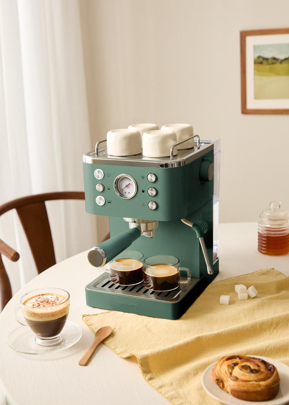 CREATE / THERA CLASSIC COLD BREW/Cafetera express verde sage/Función café frío, depósito 1,5L, brazo vaporizador, doble salida, semiautomática, café molido y monodosis ESE 55mm manómetro, 1350W