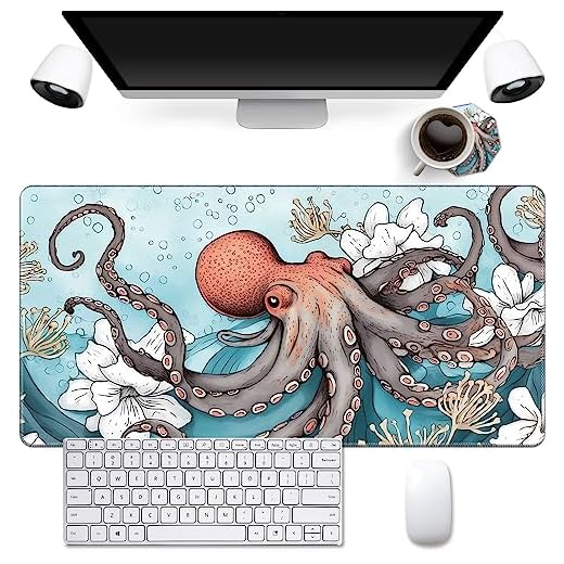 Cute Coasters + Octopus Marine Life Mouse Pad, 15.7"x31.4", Non-Slip Black Rubber Base, Washable, for Gaming & Office