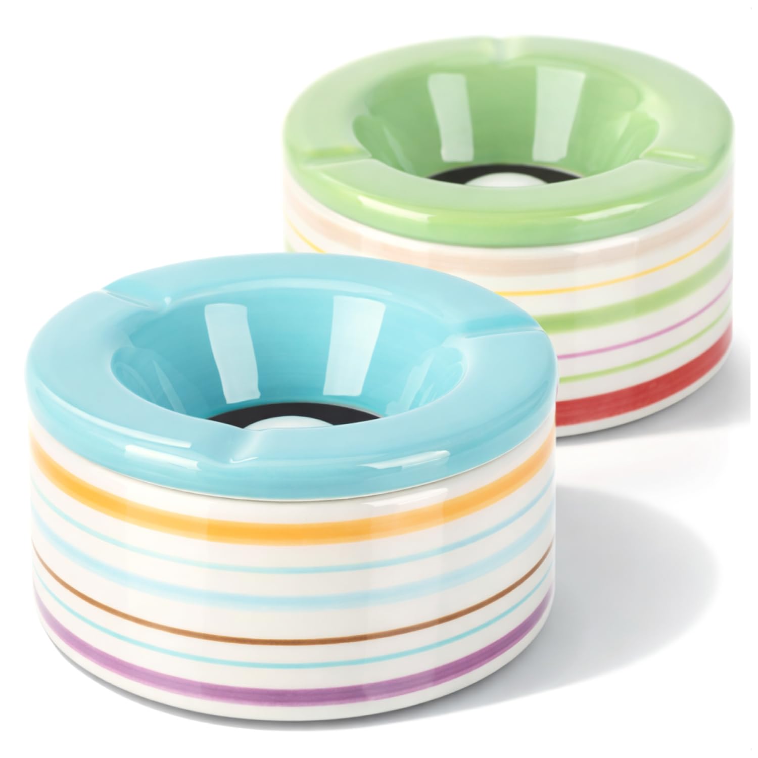 com-four® 2x wind ashtrays made of dolomite ceramics - weatherproof storm ashtrays with colorful stripes - large table ashtrays with lid (02 pieces 12cm green blue)