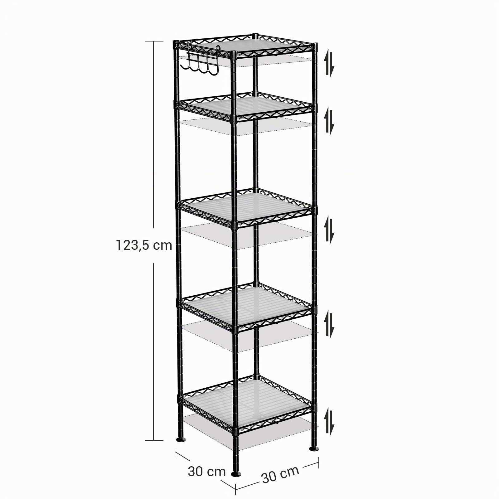 SONGMICS Étagère Salle de Bain, Étagère d’Angle en Métal, Capacité 100 kg, 5 Planches en Plastique, Crochets, 30 x 30 x 123,5 cm, Extensible, Petit Espace, Noir et Simi-Transparent LGR23BK