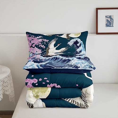 Miniatura 5 de Juego de edredón de estilo japonés tamaño individual, juego de ropa de cama con estampado de grulla de cerezo para niños, niñas y mujeres,