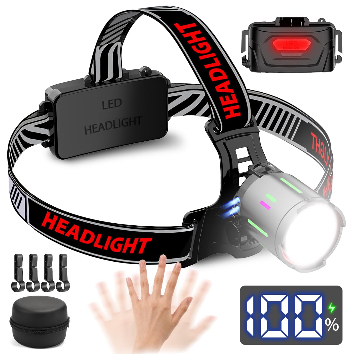 NAKCNM Torcia frontale a LED ricaricabile con sensore di movimento, torcia frontale a LED alimentata a batteria, impermeabile, con display LCD, 20000 lumen, 3 modalità di messa a fuoco regolabile, con