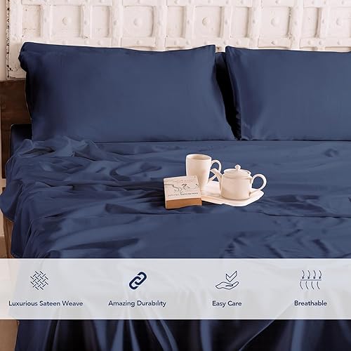 Miniatura 3 de Juego de sábanas 100% de algodón egipcio, tamaño individual XL, 3 piezas, color azul vaquero, extra profundo, juego de sábanas planas, sábana