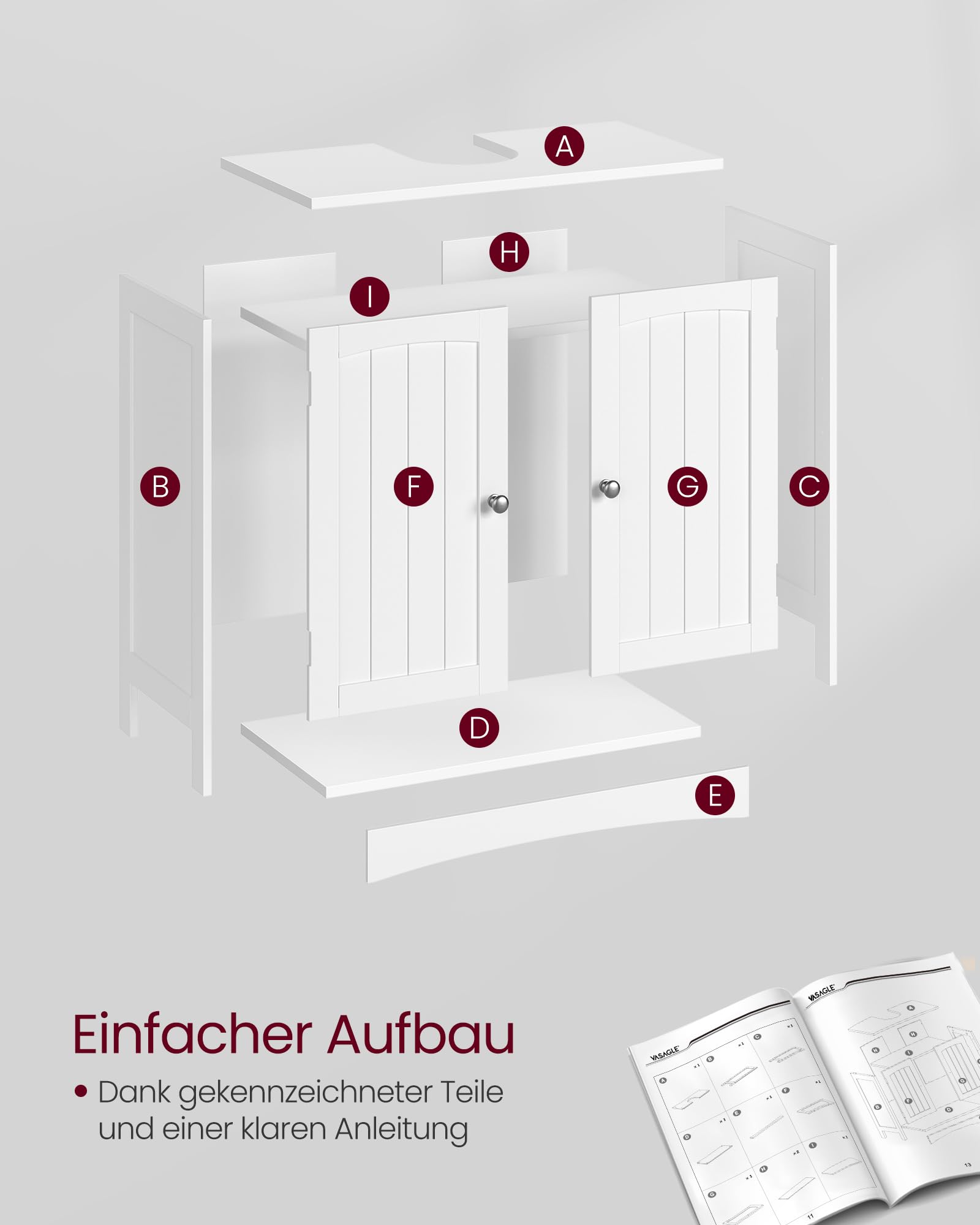 VASAGLE Waschbeckenunterschrank, Unterschrank, Badezimmerschrank, 30 x 60 x 60 cm, 2 Türen, Badschrank, höhenverstellbare Ablage, weiß BBC01WT