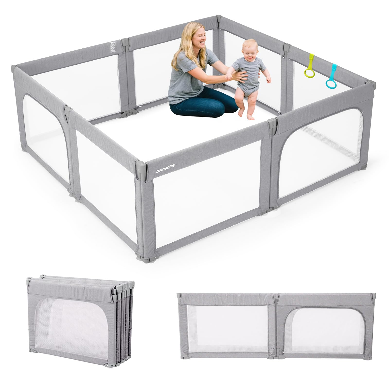Baby Playpen, Toddler Safety Gate Foldable Play Pen Easy Assembly, Large Size&Shape Adjustable Baby Barrier, Extra-Large Indoor Playpen for Kids Foldable Baby Play Yard 180x200cm, Light Grey