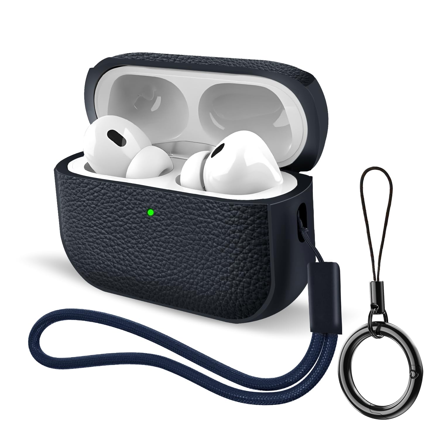 Case for AirPods Pro 3 (2025 Release), Leather-Texture TPU Shockproof Protective Cover with Keychain, Wrist Strap, Front LED Visible – Navy Blue
