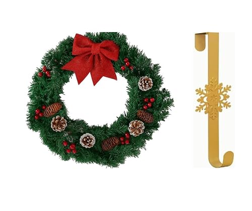 Christmas Wreath for Front door with Red Bow, Pine Cones and Berries, Traditional Holiday Decoration