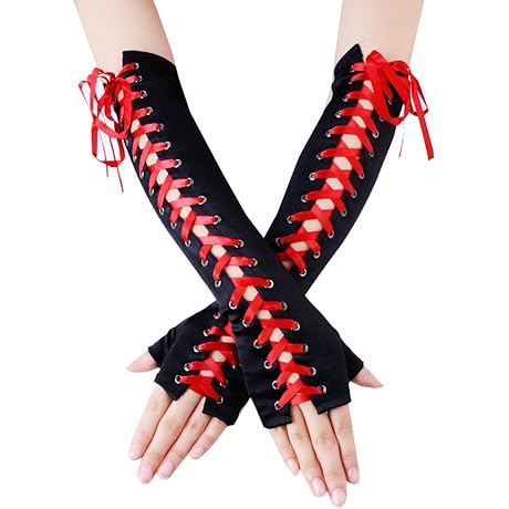 Womens Fingerless Red Lace-Up Arm Warmers