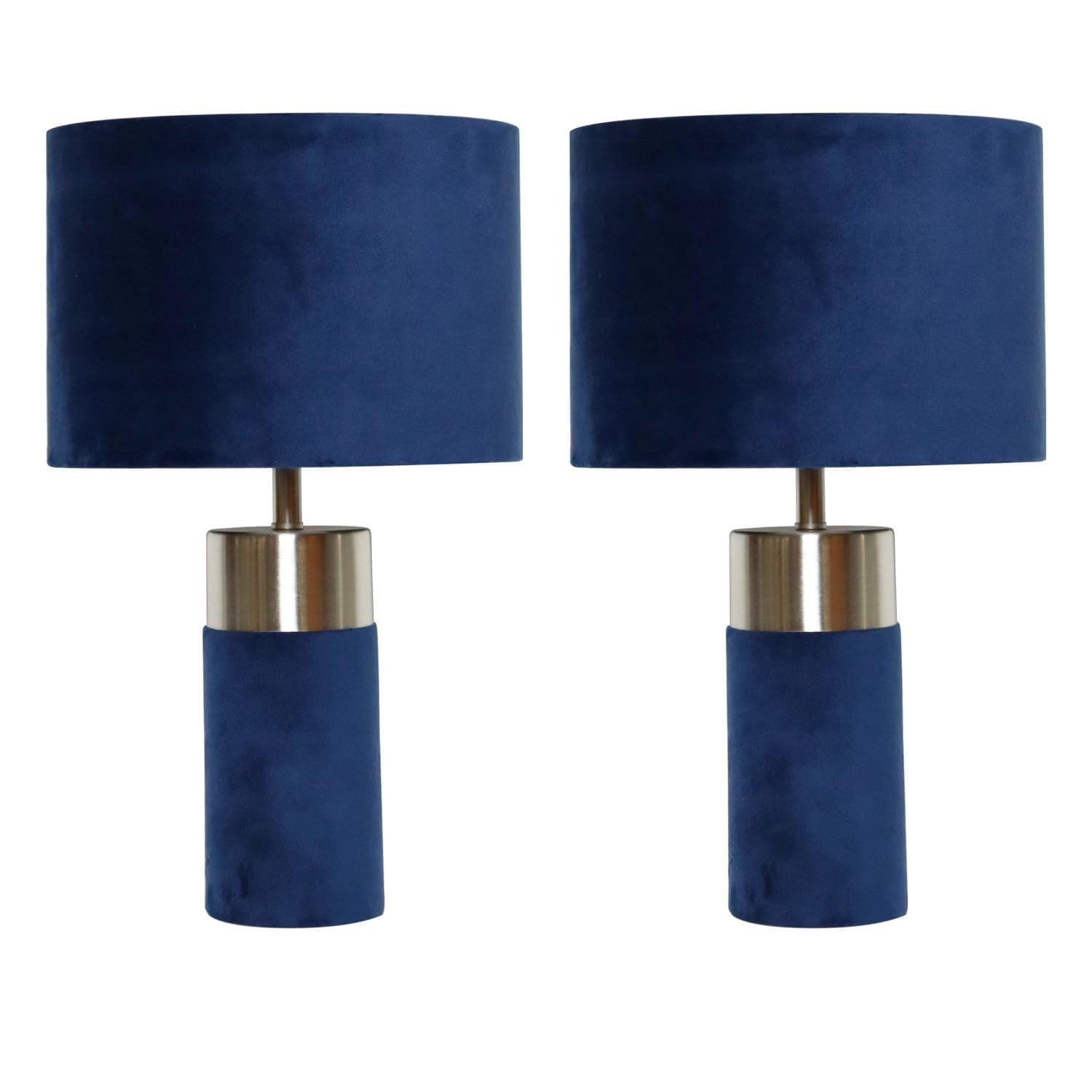Firstchoicelighting Blue Pair Of Navy Velour With Brushed Silver Detail Table Lamps Or Bedside Lights Modern Velvet Design Lamps Height 40Cm Led Compatible