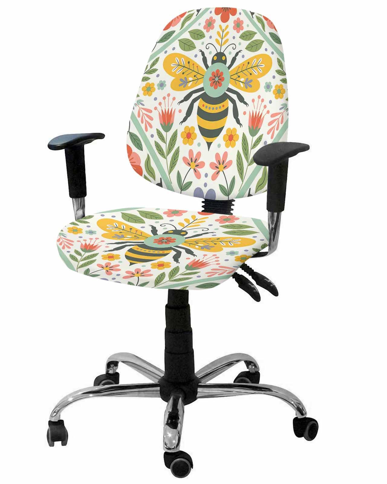 Flowers Bee 2 Pieces Computer Office Chair Covers Set,Stretchable Desk Rotating Chair Seat Cushion Slipcover Back Covers,Retro Country Botanical Floral Plants Dots Slipcover Back Cover Protector Cover