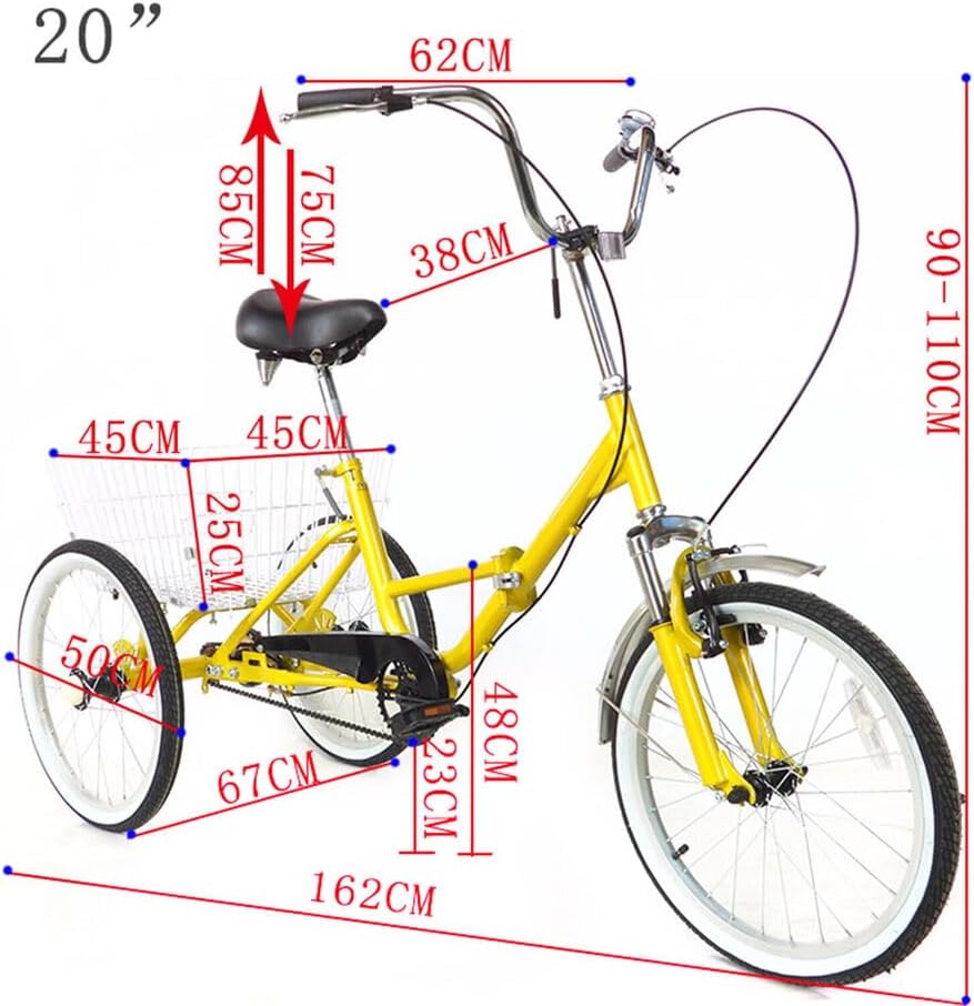 Folding Adult Tricycle, 20 Inch 3-Wheel Bike Single Speed Yellow Adult Trike Bike Tricycle for Adults with Light and Basket Height Adjustable Cruise Trike Elderly Bicycle for Shopping Picnic Beach