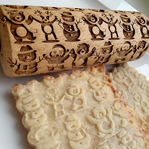 Preisvergleich Produktbild Cooljun Weihnachten Prägerolle Holz Teigroller mit Blumen Prägung Backzubehör Stabil & langlebig (38cm, Schneemann)