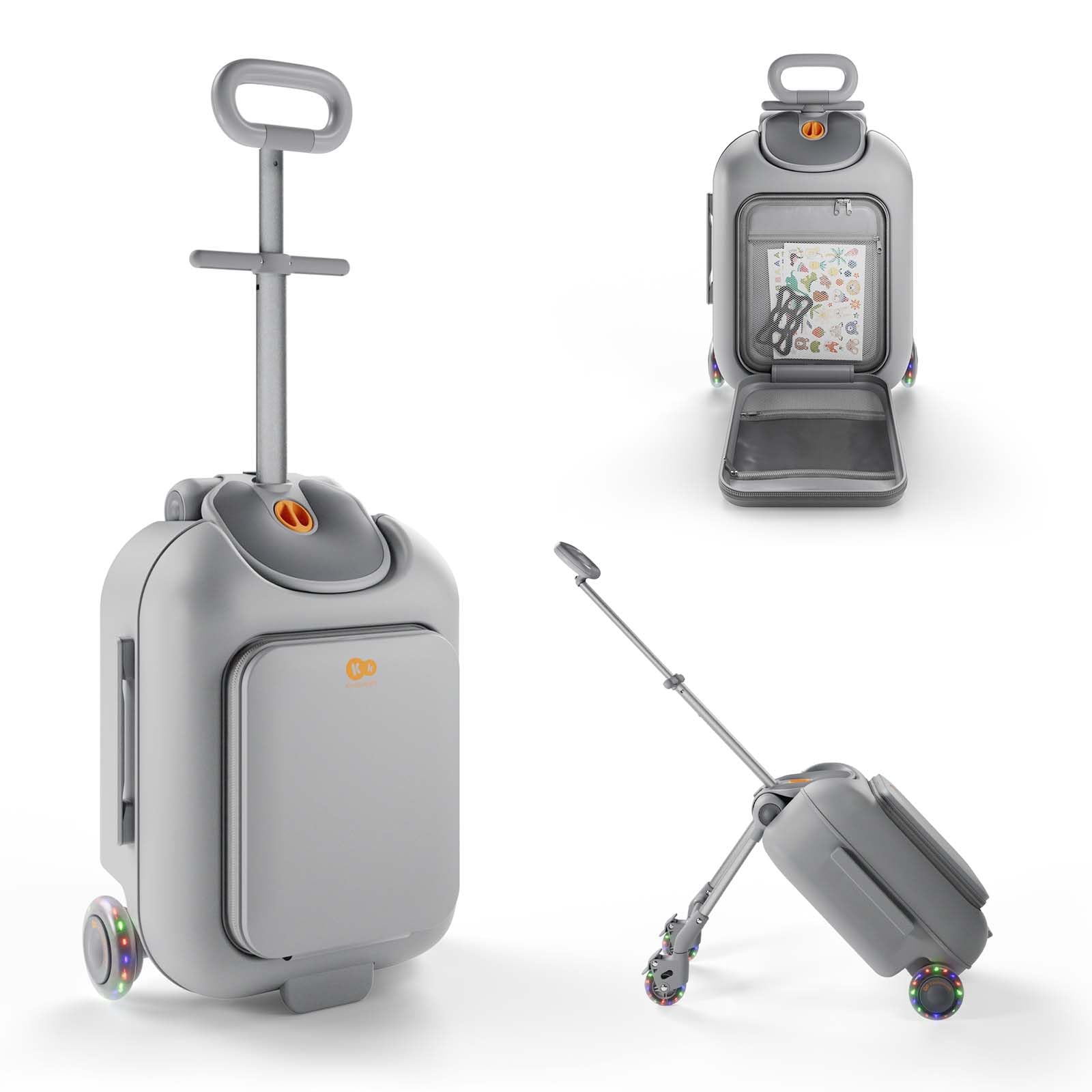 Kinderkraft CABBY Valigia Bambini 2 in 1, Bagaglio a Mano con Seduta, Ruote LED, 20 L, Pieghevole, Fino a 70 kg, Grigio