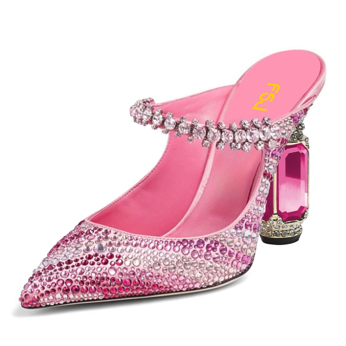 FSJ Women Crystal Chunky Heeled Mules Wedding Sandals Rhinestone Strappy Pumps Pointed Toe Fashion Slippers Slip On Bridal Shoes Size 4-15 US