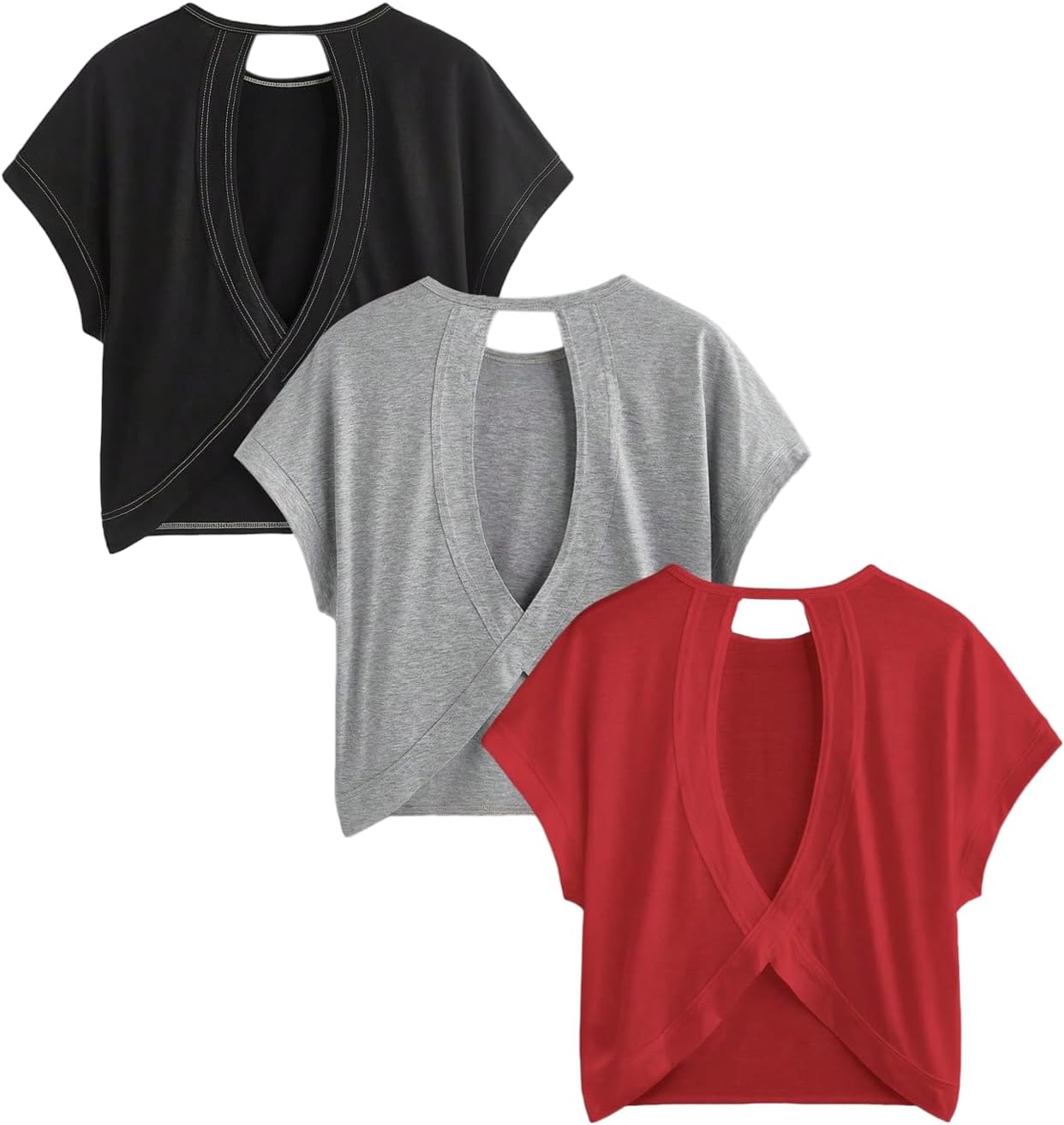 Women's 3 Packs Open Back Tops T Shirt Criss Cross Cut Out Tee Short Sleeve Crewneck Summer Backless Tops