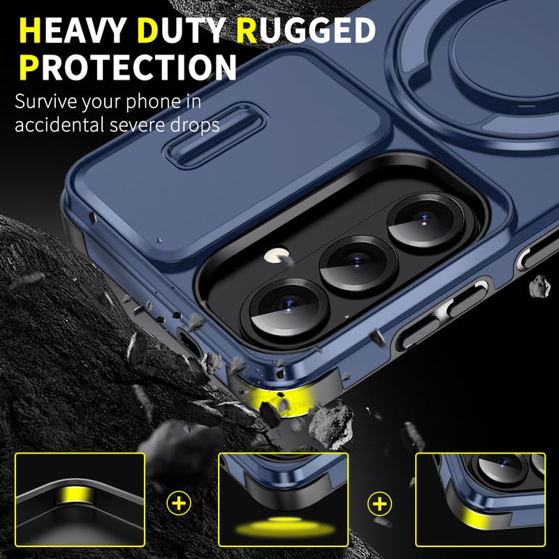 Image of LuxuryKase Shockproof Rugged Case for Samsung Galaxy S26 | Slide Camera Cover | 360 Rotating Ring Kickstand | Military-Grade Protection - Navy Blue