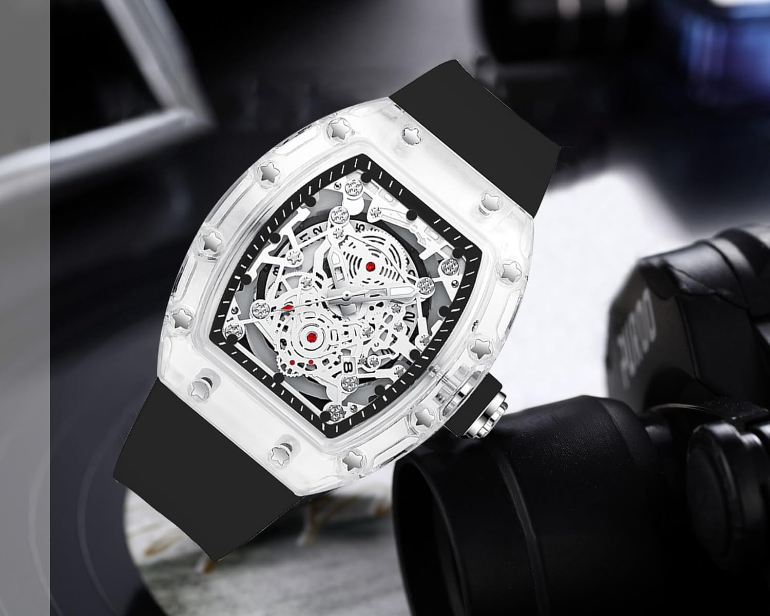Unique Hollowed Skeleton Analog, Watches for Men Fashion Tonneau Water Resistant, Sports Transparent Business Silicone Strap with Shock Resistant — view 6