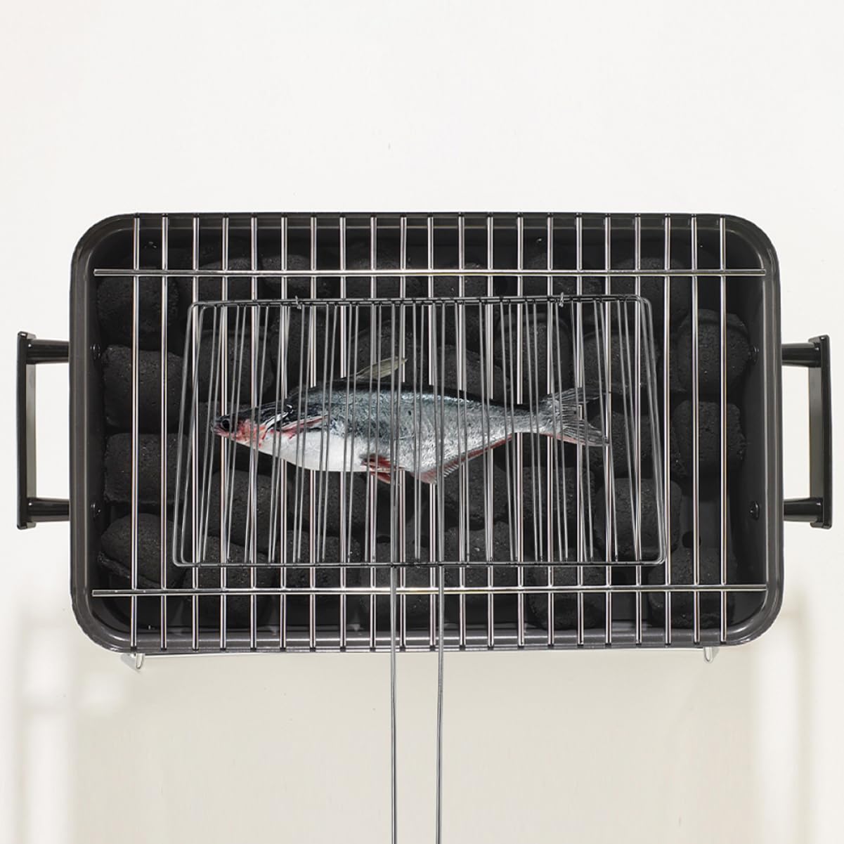 Griglia per pesce in acciaio inox con manico, portatile, verticale, per barbecue, falò, carne, verdure e gamberetti