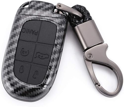 Funda de fibra de carbono negra + botón de silicona inteligente con 5 botones para llavero para Jeep Grand Cherokee Dodge Challenger Charger Dart