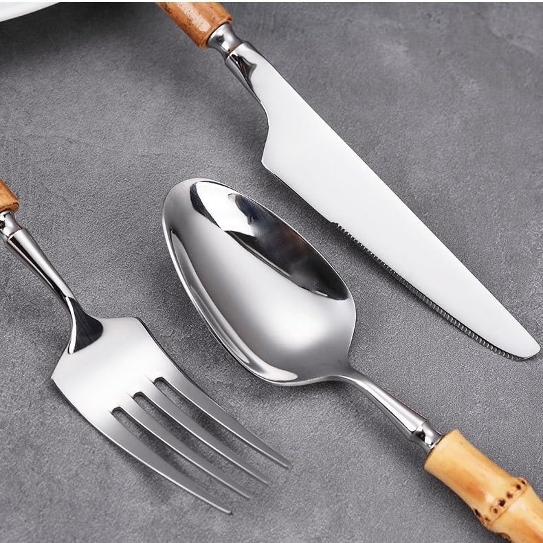 Ce Set de Couverts Comprend 5/20/30/40 pièces en Acier Inoxydable 304 : Couteau à Steak, Fourchette et cuillère à Manche en Bambou. Ce Set créatif pour Desserts et gâteaux est Disponible en