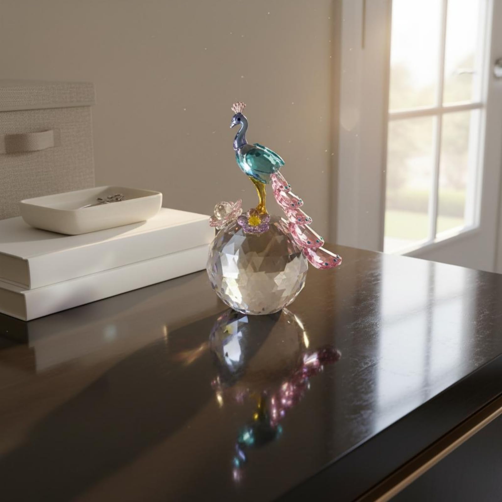 Figurita de Cristal Estatua de Esfera Decorativa Adorno de Mesa Composición de Cristal Tallado con Plumas y Flores Finitas Adecuada para Sala, Rosa, Style to 1