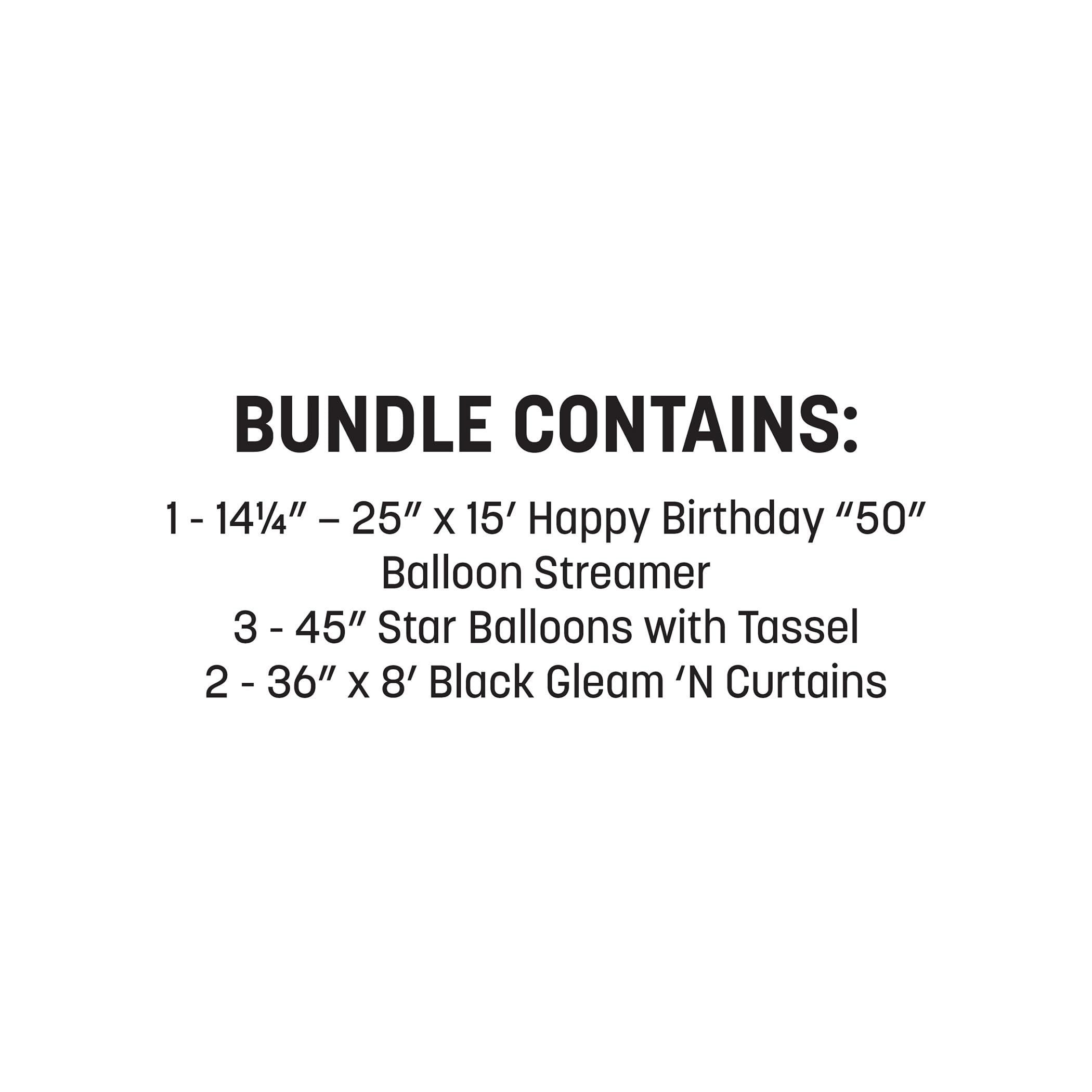 Beistle Paquete de telón de fondo de cumpleaños número 50 – Pancarta dorada de globos de aluminio "Happy Birthday 127.0 cm, globos de estrella con borlas y 2 cortinas de flecos negros, 8 x 3 pies