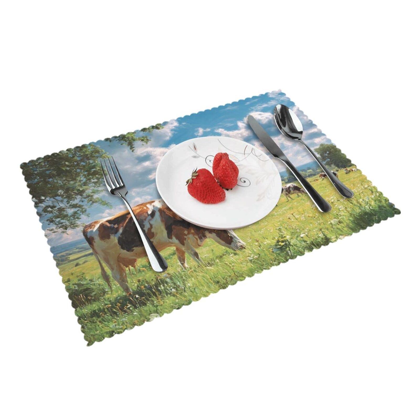 Placemats Set of 4 Heat Resistant Non-Slip Place Mats for Dining Table cows grazing Placemats Washable Woven Table Mats Wipeable Placemat for Kitchen Decoration 30 x 45 cm