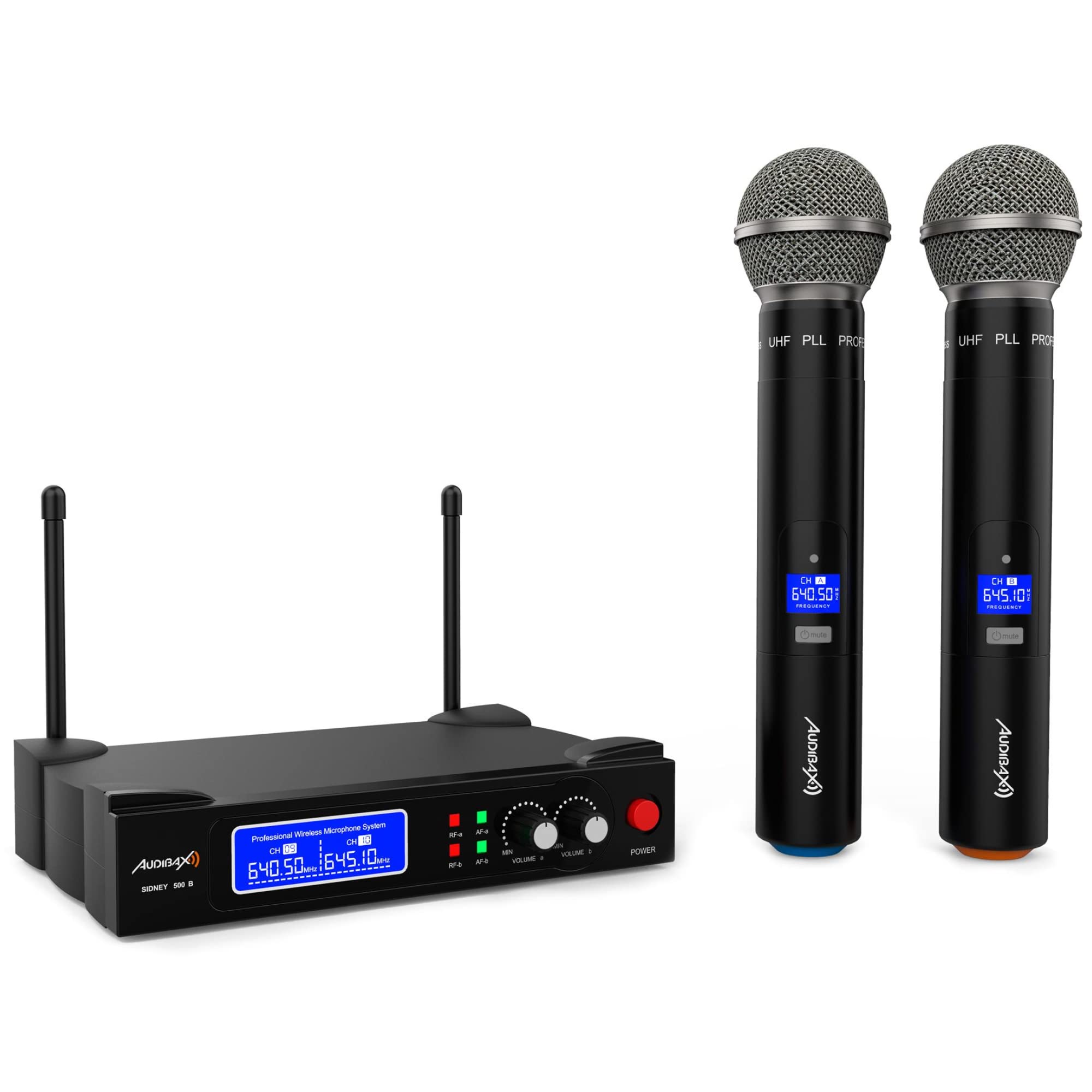 Audibax Sidney 500 B - Sistema Microfonico Wireless UHF - Doppio Microfono Wireless Portatile Professionale - Modulazione Analogica - Include Custodia per il Trasporto - Portata 50 metri