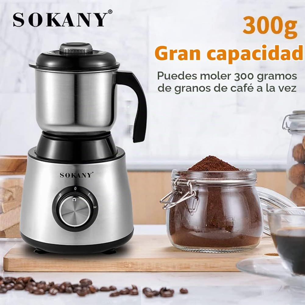 SOKANY 500W Molinillo de café eléctrico, Capacidad 300g, Molinillos de Especias, Acero Inoxidable, para Semillas Especias Frutos Secos Molinillo
