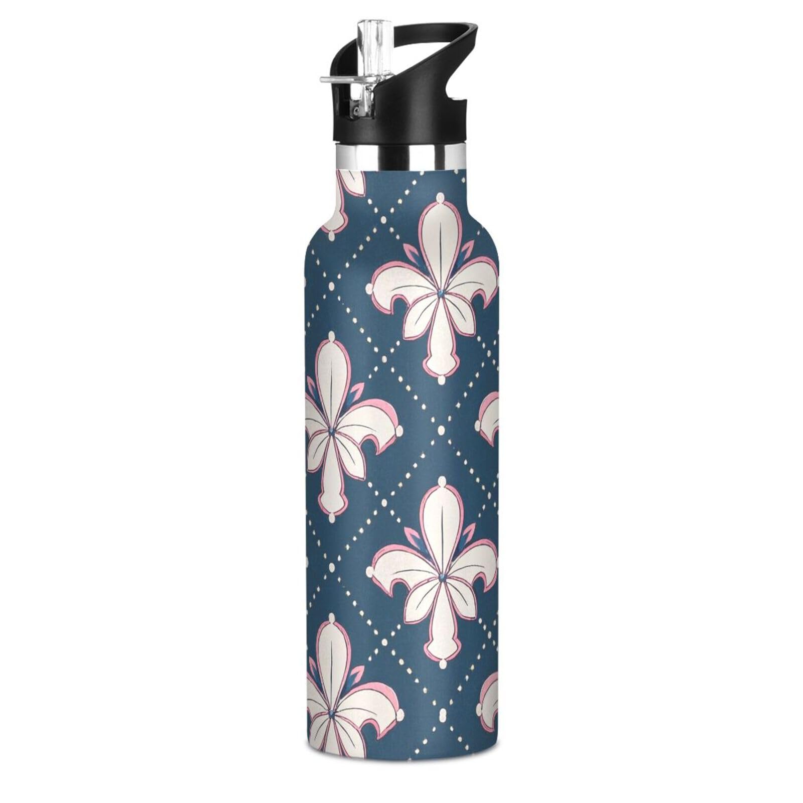 Bohemian Style Lilies Peach Checkered Leakproof and BPA Free Kids Metal Water Bottle with Straw Keeps Hot and