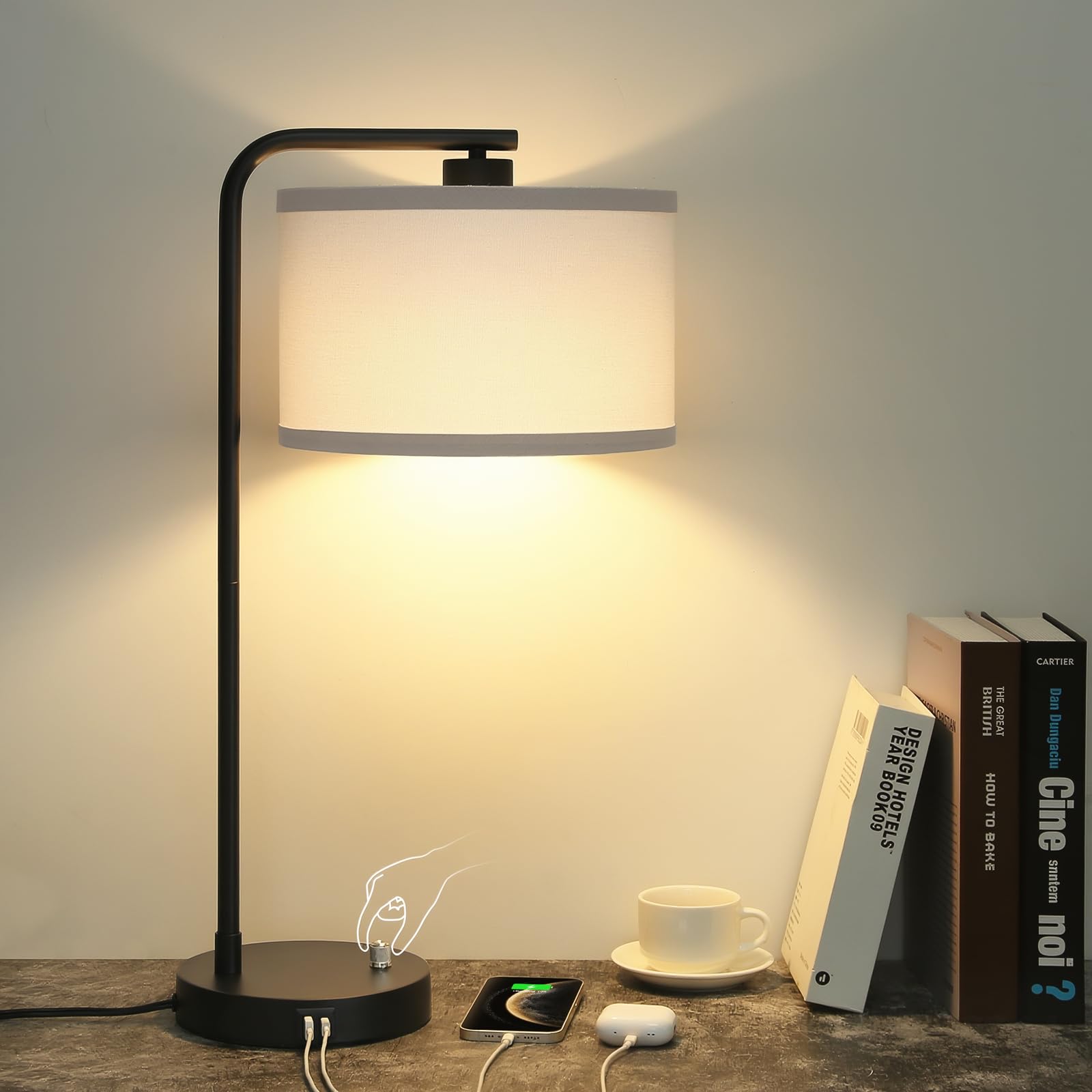 Photo 1 of Seaside village Table Lamp for Bedroom with USB C+A Ports, Fully Stepless Dimmable Farmhouse Bedside Lamp Nightstand Light, Tall Reading Desk Lamp for Living Room, Office, 9W LED Bulb Included
