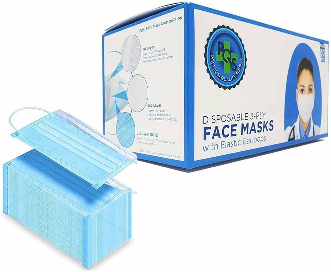 PQS Disposable Face Masks | 3-Ply Mask - Soft & Comfortable, Hypoallergenic, Breathable, Blue - 50 PCS