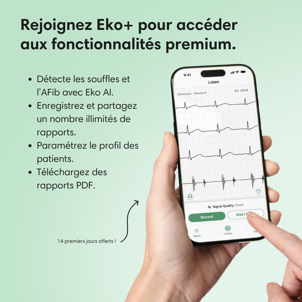Stéthoscope numérique digital CORE 500™ - Amplification x40, suppression active du bruit, ECG à 3 dérivations, IA certifiée par la FDA avec Eko+, affichage couleur