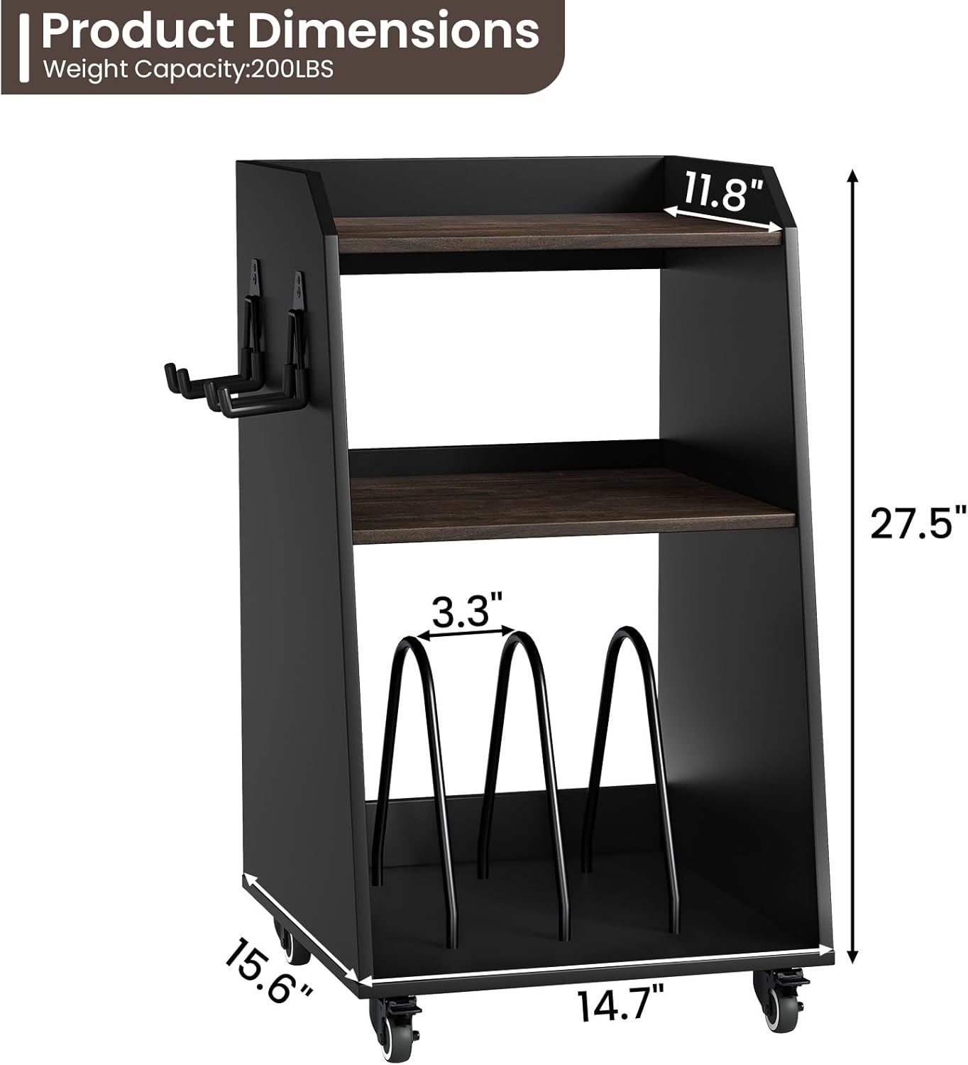 Rresyet 18.7" Record Player Stand with Wheels,3-Tier Vinyl Media Cabinet On Wheels with Open Shelves, Metal Dividers, Metal Hooks for Music Room, Living Room