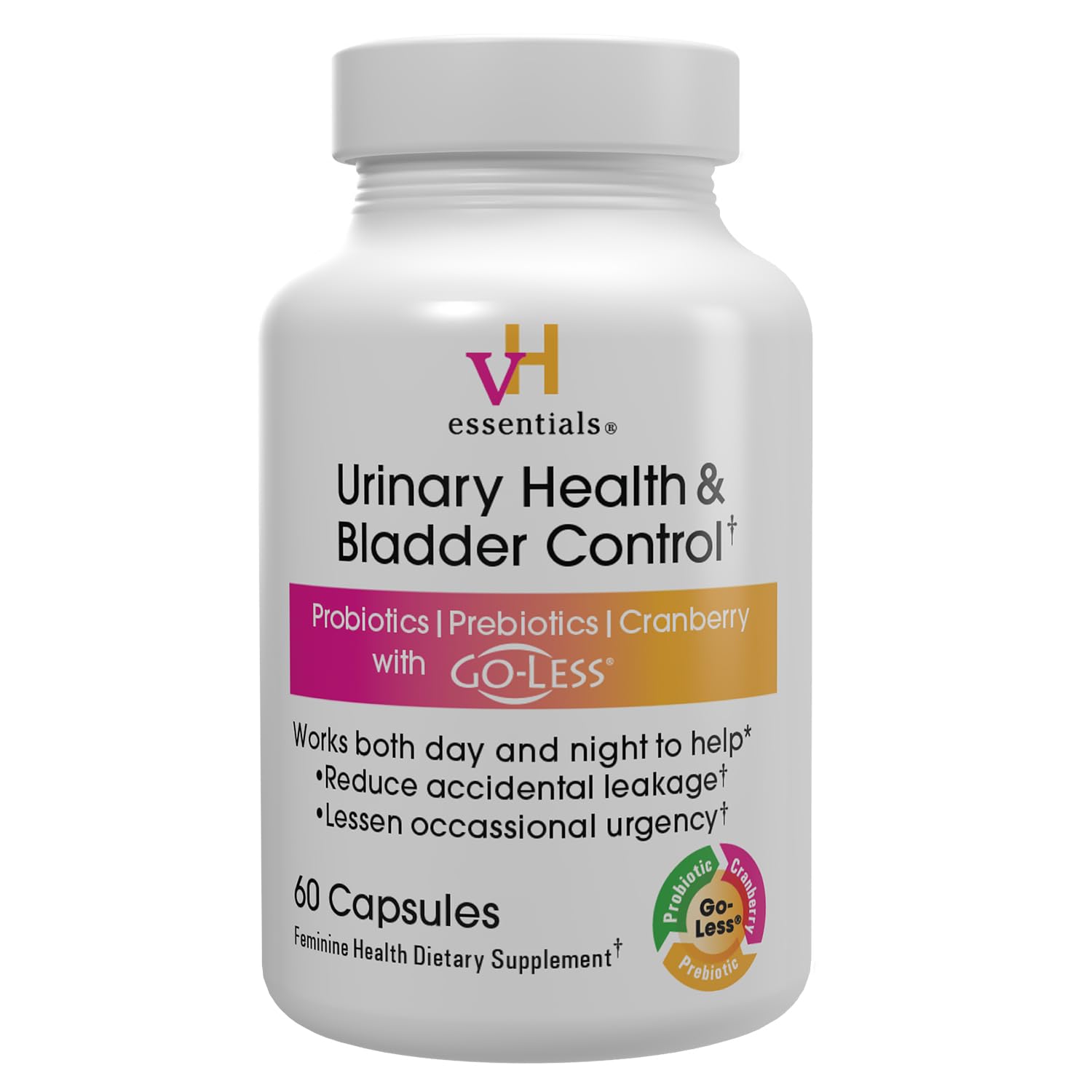 vH essentials Urinary Health & Bladder Control, Cranberry Extract, Prebiotics and Probiotics, 24-Hour Feminine Health Support, Reduces Occasional Leakage, Supports Vaginal Health, 60 Capsules