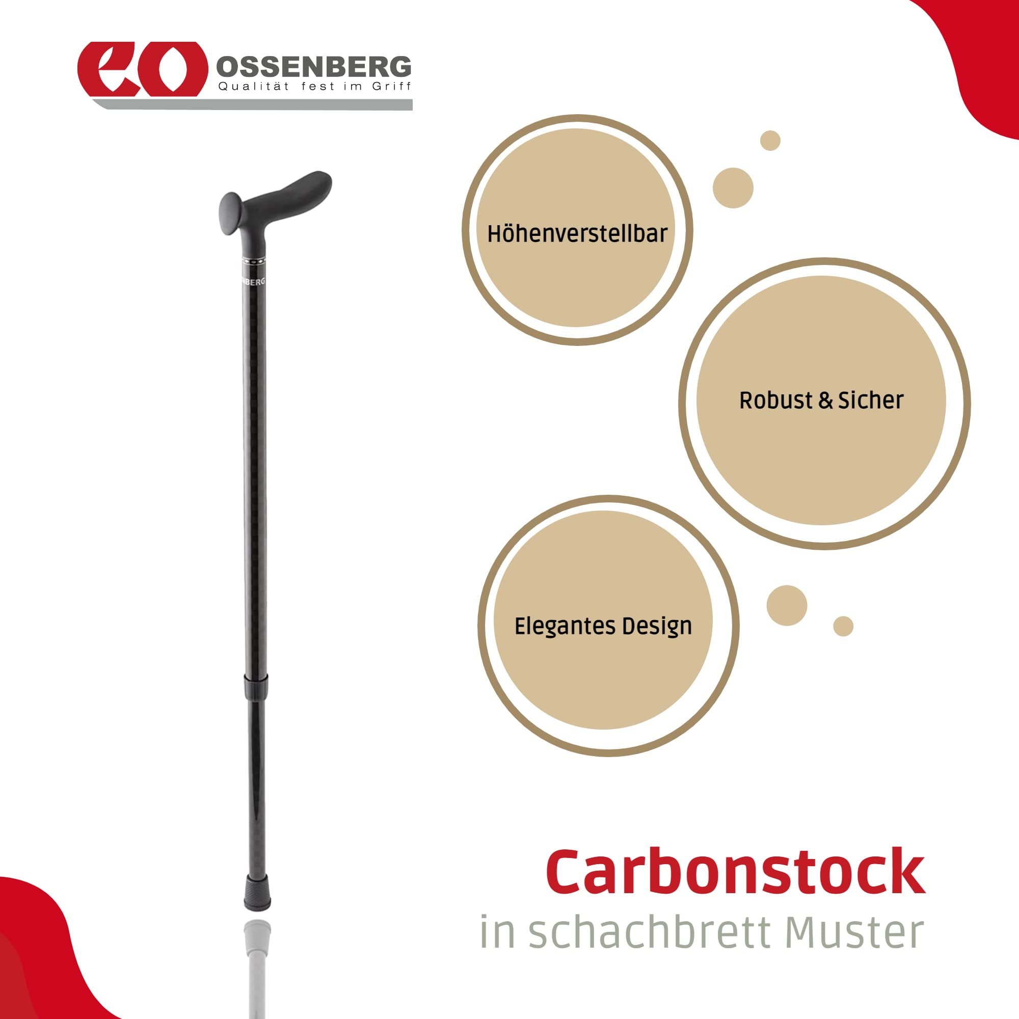 Ossenberg Carbonstock in Schachbrett Muster - schwarz glänzend - mit Cosy Griff - Verstellbarer Carbon Wanderstock - Gehhilfe - Gehstock - hohe Belastbarkeit - extra leicht