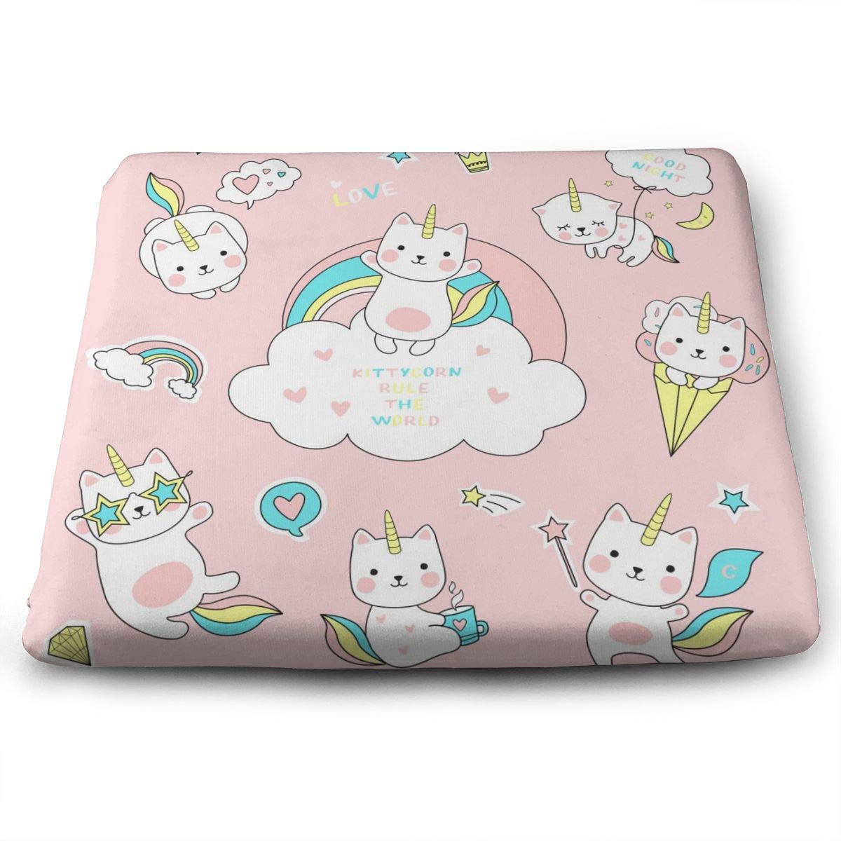 Cute White Cat Unicorn with Rainbow Seat Cushion Memory Foam Dining Chair Pads Stool Butt Seat Pillow Cushions for Pressure Pain Relief Offices Wheelchairs Kitchens Cars