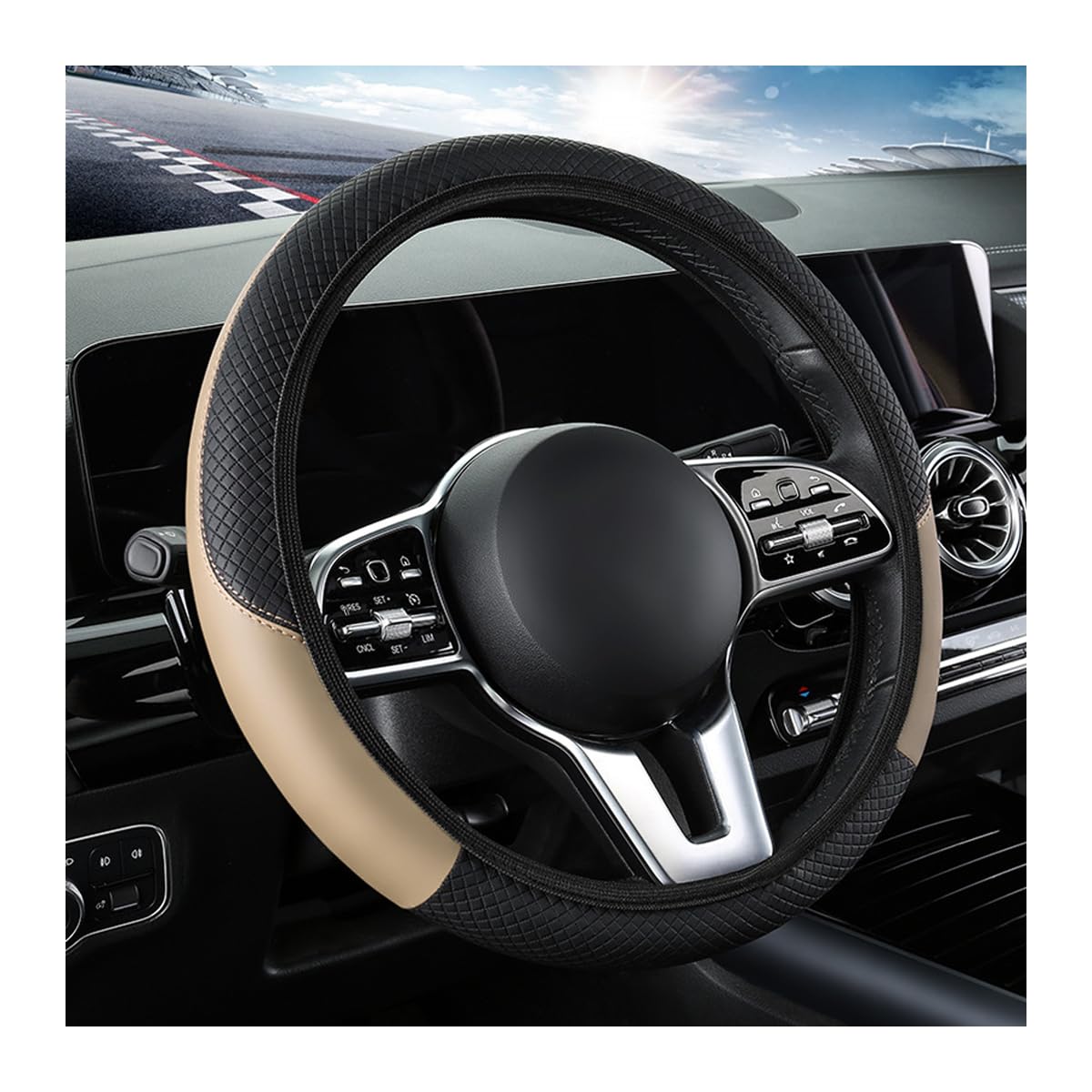 Car Steering Wheel Cover, 15 inch Breathable Anti Slip Embossing, Microfiber Leather Universal Standard Size, Elastic No Inner Ring Steering Wheel Protector for SUV, Truck, Black/Beige