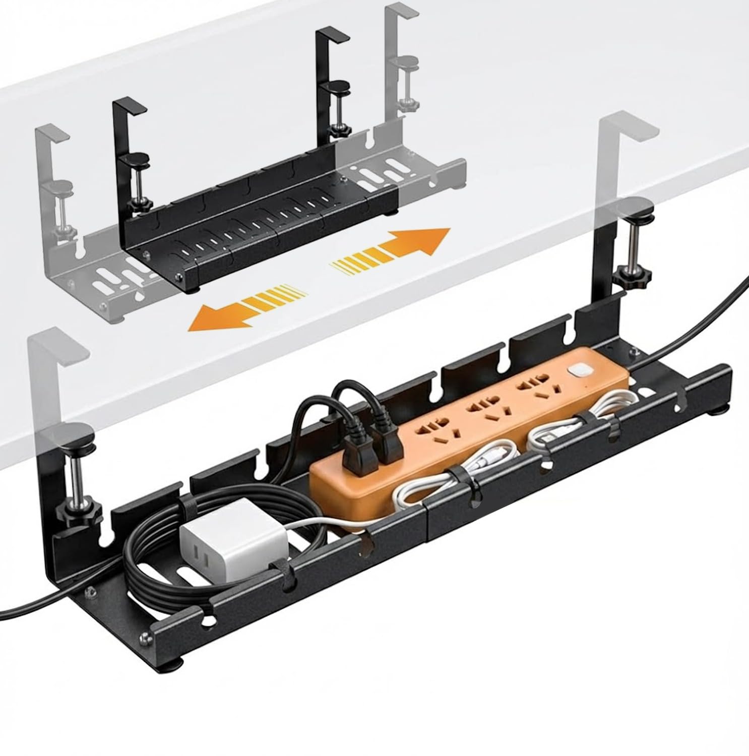Herrlich Homes Under Desk Cable Management Tray | Adjustable 28.5-55cm No Drill Clamp Mount Metal Wire Organizer Rack | Cord Holder for Power Extension, Office, Home, Gaming Desk - Black