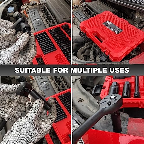 EACELIY 46pcs 3/8" Socket Set, Drive Impact Socket Set, SAE/Metric, Deep & Shallow, Cr-V Steel, 6 Point and 12 Point Sockets with 72-Teeth Reversible Ratchet