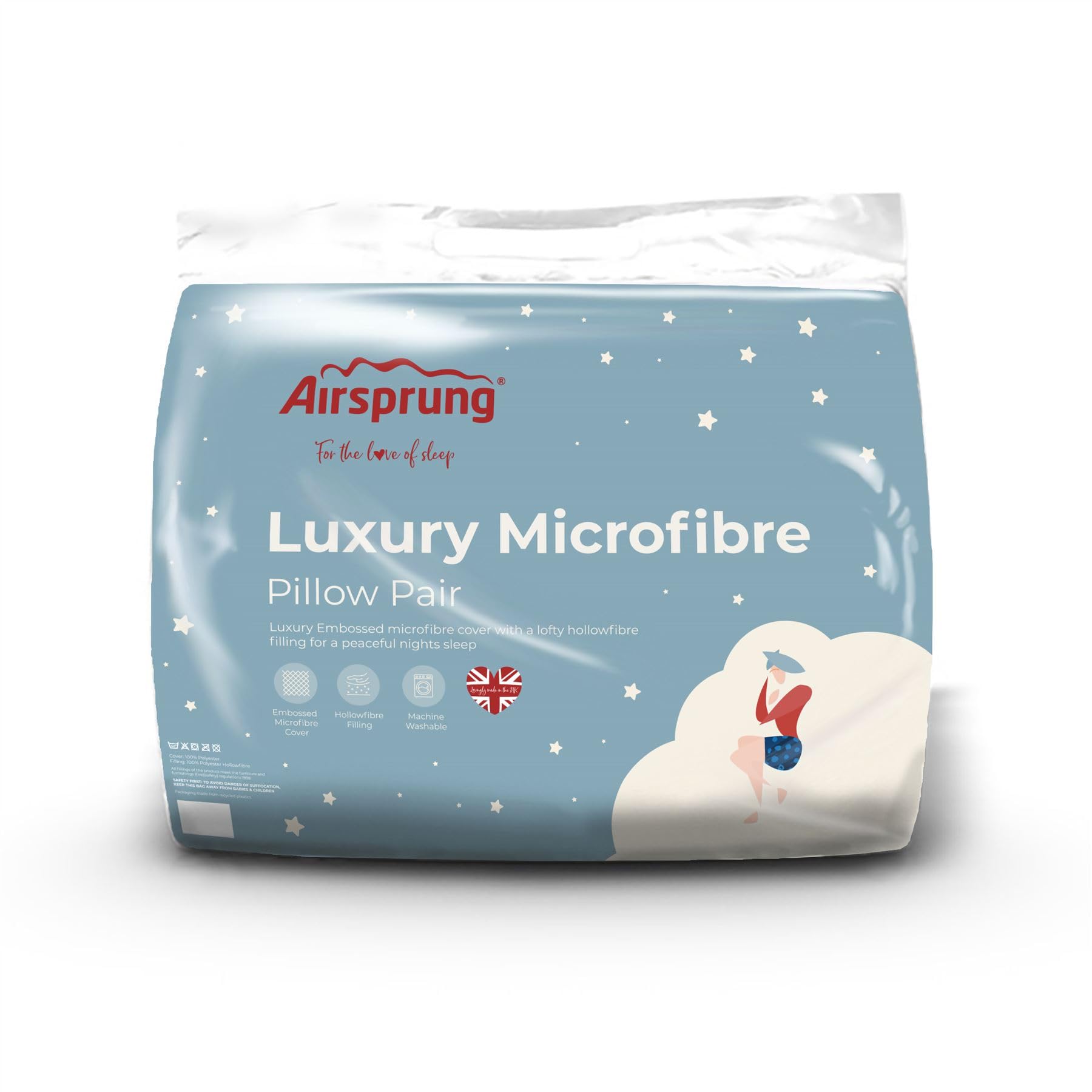 Airsprung Luxury Microfibre Pair Pillows Hollowfibre Soft Touch Hotel Quality Machine Washable Made In UK 48cm x 74cm (19" x 29")