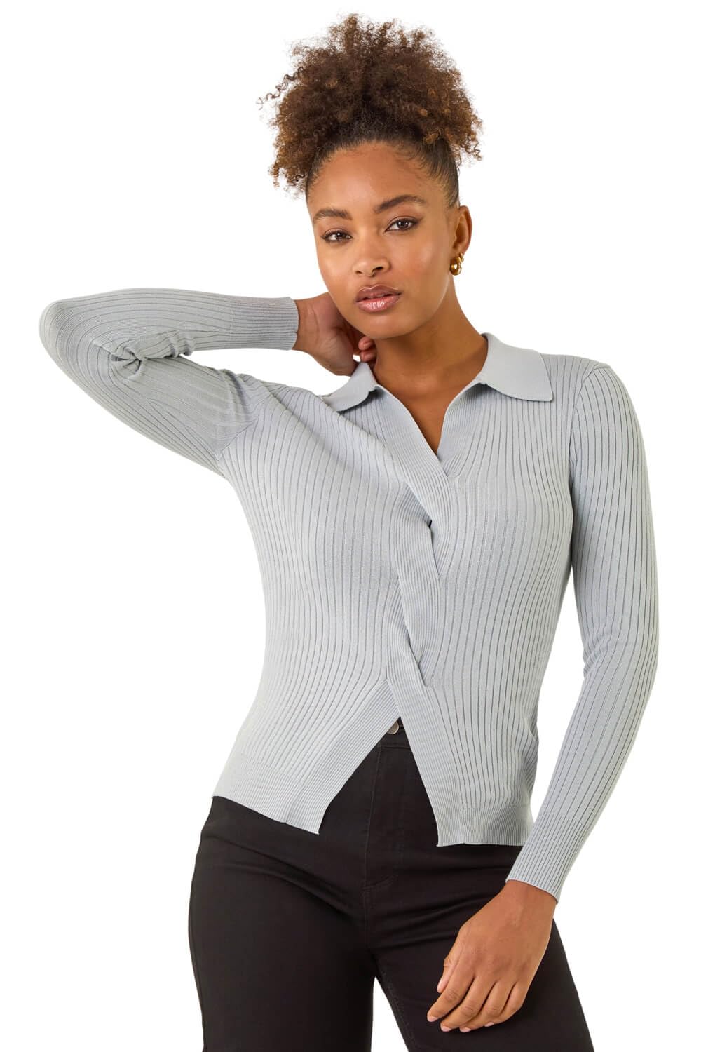 Roman Women's Light Grey Collar Ribbed Cable Knit Jumper Size 10