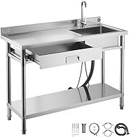 VEVOR 47" Stainless Steel Rolling Utility Sink with Drawer, Faucet, Shelf - Commercial Single Bowl for Garage, Kitchen, Laundry