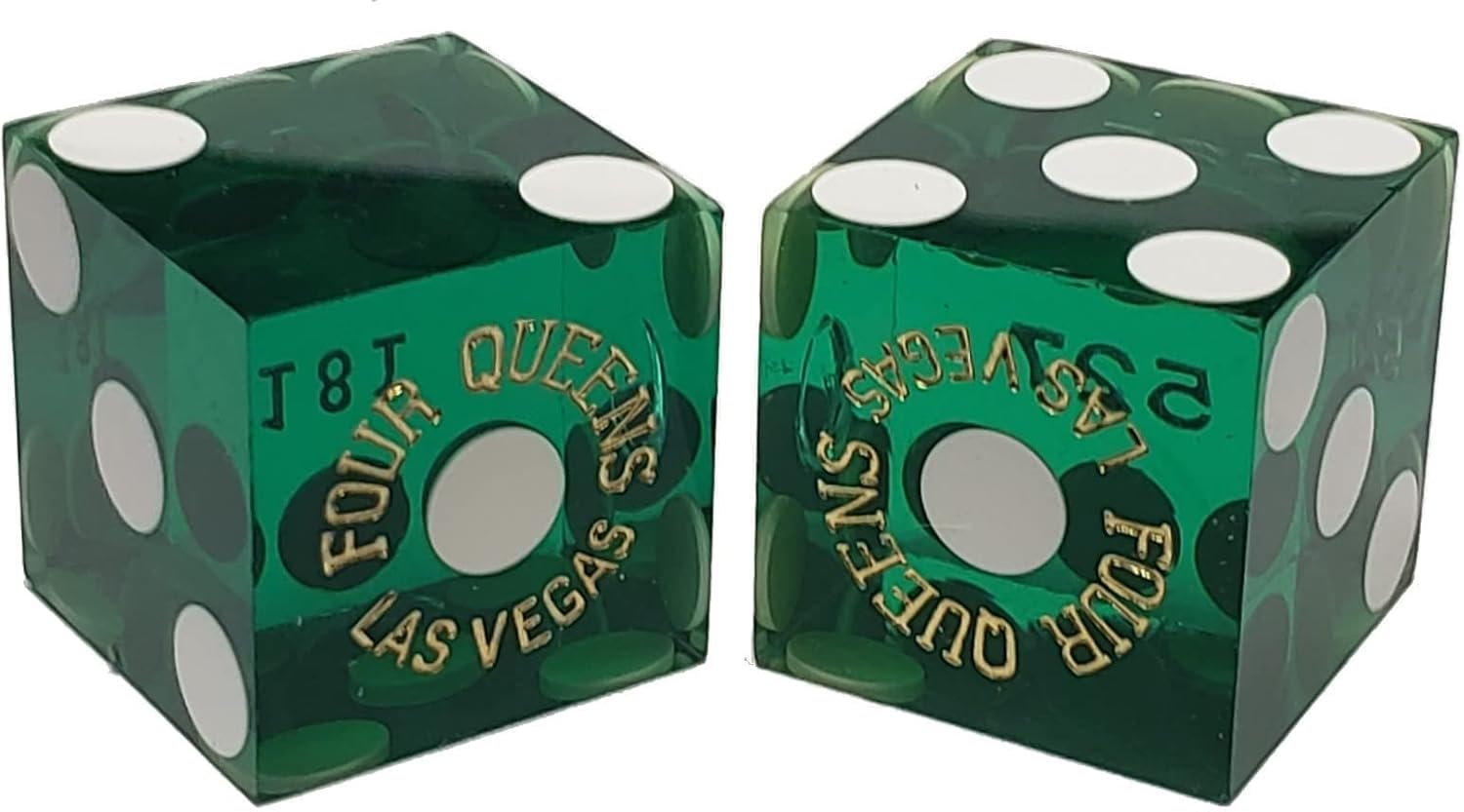 Genuine Las Vegas Casino Craps Dice Sets - Wide Selection of Full Sticks with (5) Matching Serial Numbers for Collectors & Particular Dice Shooters + Pouch (Four Queens - Green Polished)
