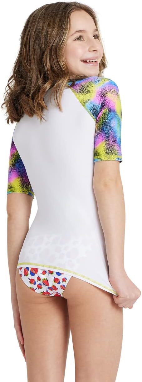 ARENA Girls Uv Protection Short Sleeve Allover Rash Guard Shirt, White-Multicolor, 24 US