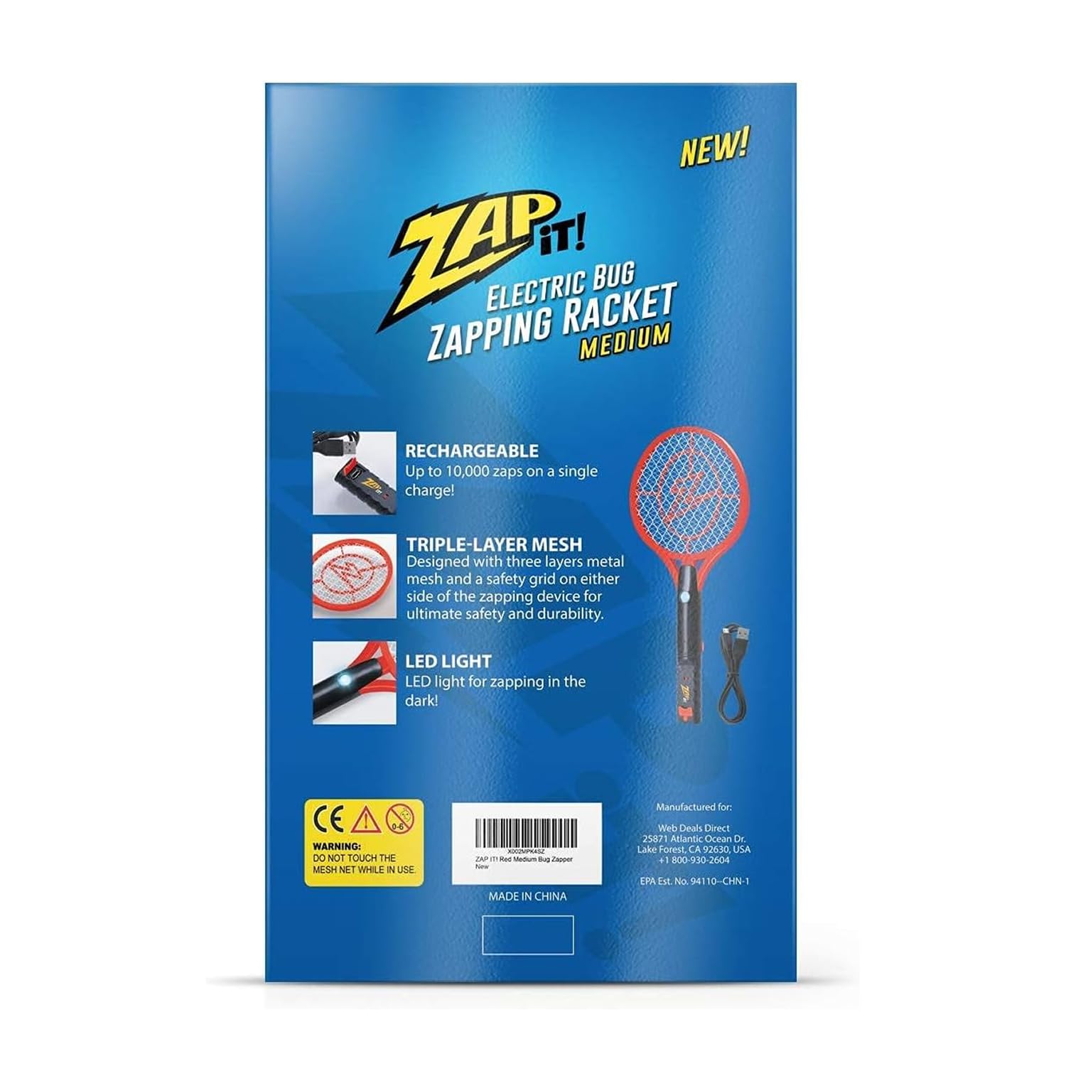 ZAP IT! Racchetta elettrica ricaricabile per mosche, 4.000 Volt, con cavo di ricarica USB e luce LED, rete a 3 strati di sicurezza media, rossa, per interni ed esterni