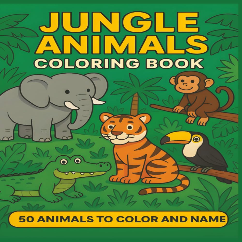 Jungle Animals Coloring Book: 50 Animals to color and name