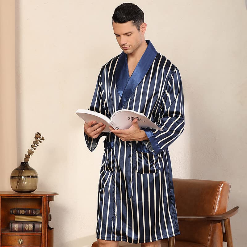 Cambkatl Men's Silk Bathrobes Long Sleeve Satin Kimono Robe with Shorts Sleepwear Casual Stripes Pajamas Set with Pocket4